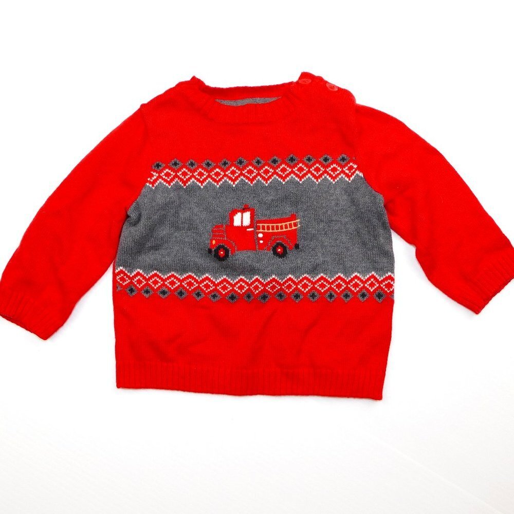 Gymboree Red Fire Truck Knit Crew neck Sweater baby Boys 6-12 months 6M 12M
